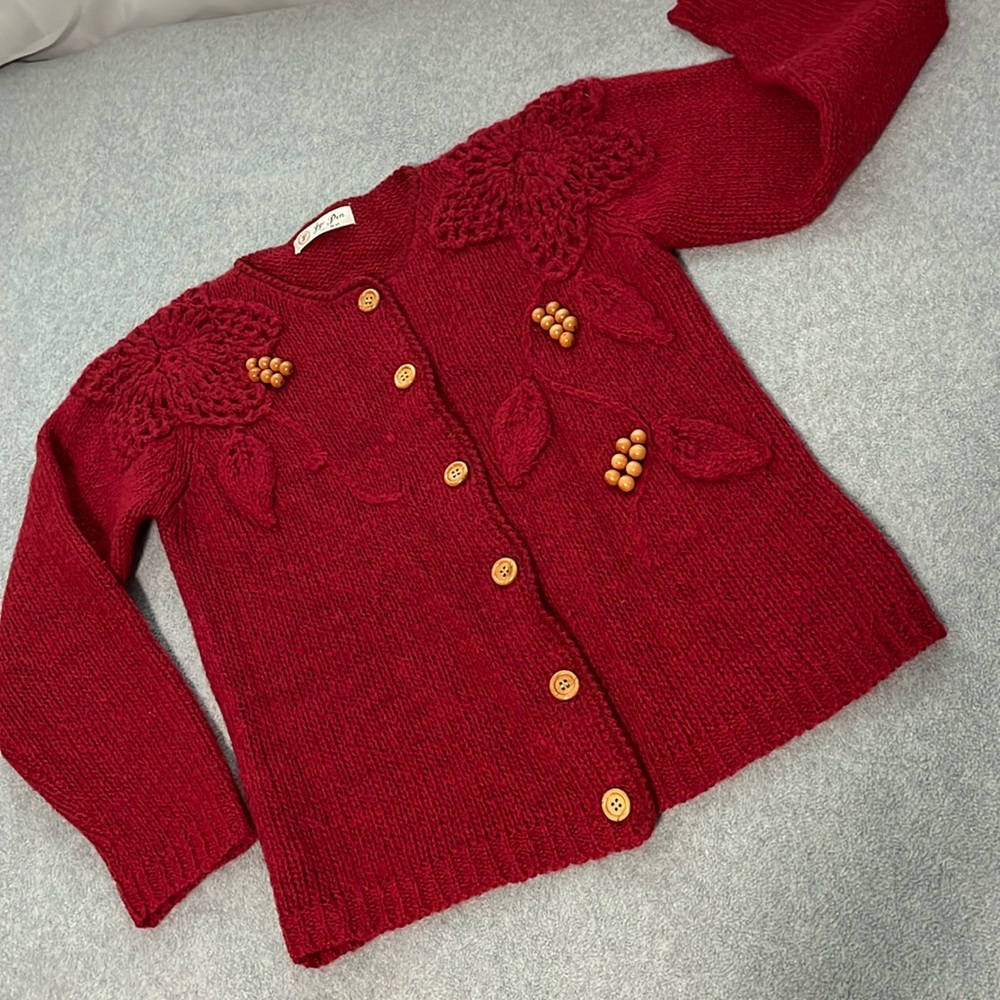 Vintage Grandma Chunky Sweater Womens Medium Petite Cottagecore Red Country 3D